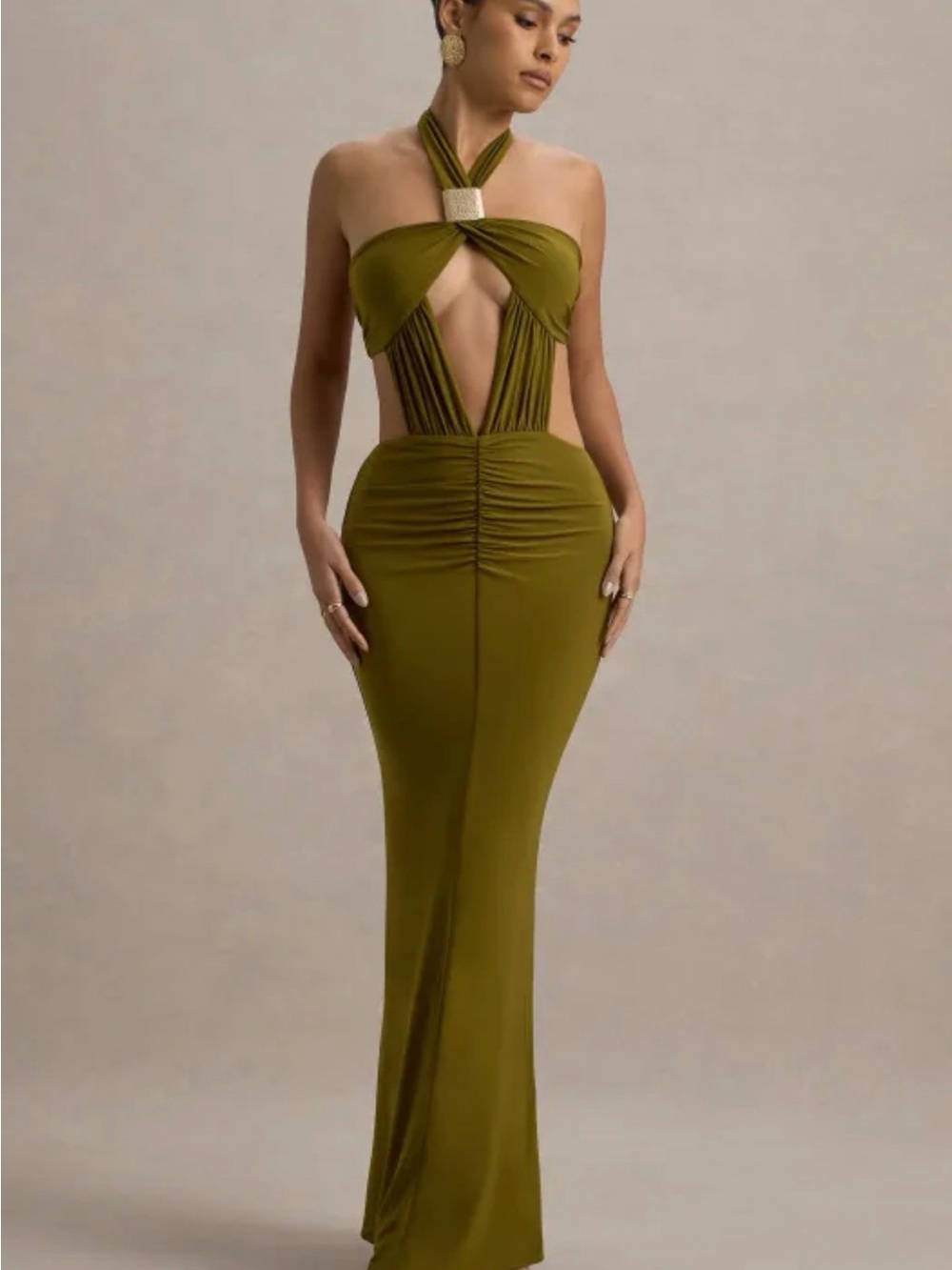 Club London Olive Green Cut Out Halter Maxi Dress Gold Hardware Size UK8/ US 4